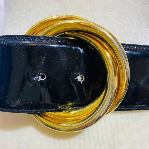 Salvatore Ferragamo Black Wide Enamel Leather Belt with Gold-Tone Trinity Buckle